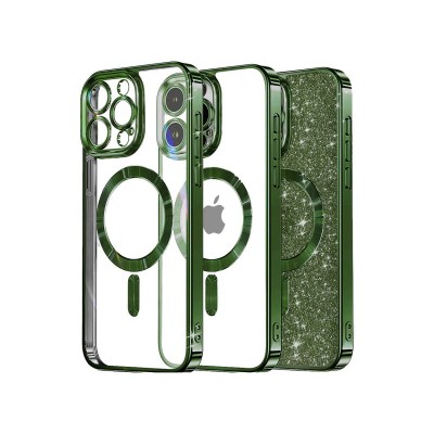 Husa iPhone 15 Pro, Crystal Glitter MagSafe cu Protectie La Camere, Green
